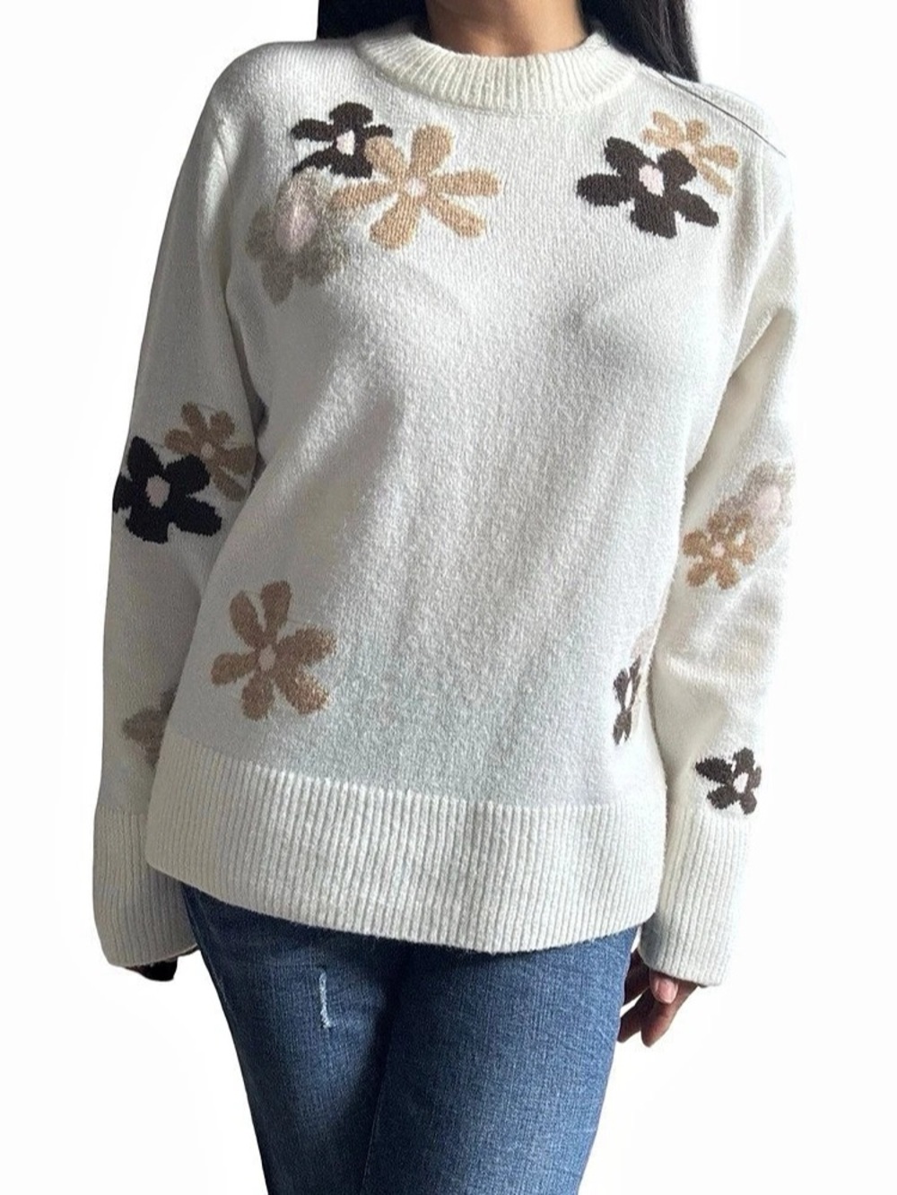 CeCe Floral Jacquard Crewneck Sweater White & Brown Medium